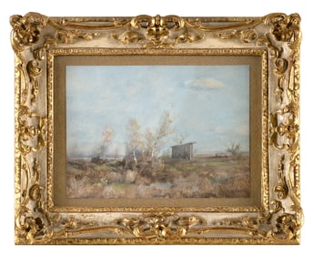 V. FRITZ ADAM (Germany, 20th Century), Shack in a marsh., Watercolor on paper, 5" x 6.5". Framed