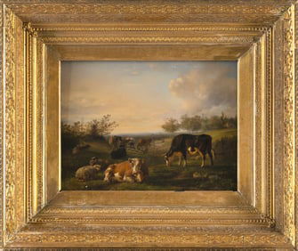 JAN BEDYS TOM (The Netherlands, 1813-1894), Grazing cattle and sheep., Oil on board, 10.5" x 13.25".