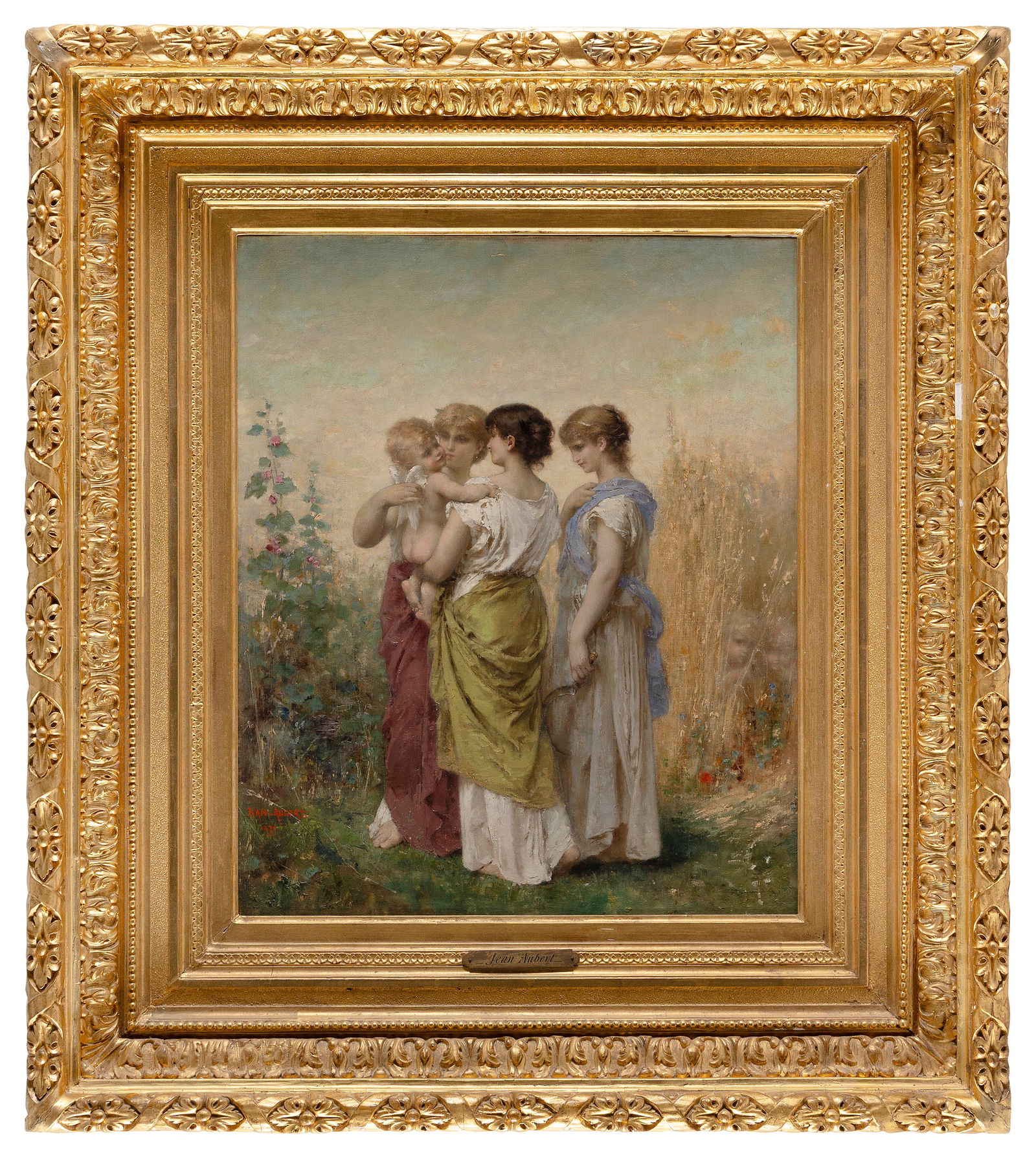 JEAN ERNEST AUBERT (France, 1824-1906), "Miroir Aux Alouettes", depicting three maidens with Cupid.,: JEAN ERNEST AUBERTFrance, 1824-1906"Miroir Aux Alouettes", depicting three maidens with Cupid. Signed and dated lower left "Jean Aubert 1879".Oil on canvas, 24" x 20.25". Framed 39" x 33".