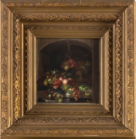 ADELHEID DIETRICH (Germany, 1827-1891), Still life of abundant fruit., Oil on panel, 6.25" x 5.75".