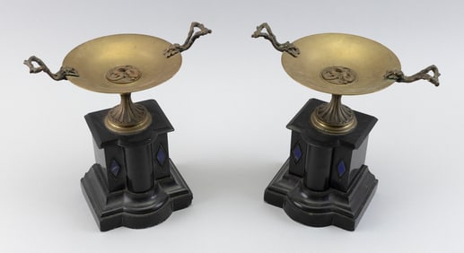 PAIR OF FRENCH BRONZE TAZZAS ON BLACK MARBLE PEDESTALS 19th Century Heights 9". Widths across