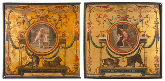 CONTINENTAL SCHOOL (19th Century,), Pair of decorative gilt panels with classical designs., Oils on
