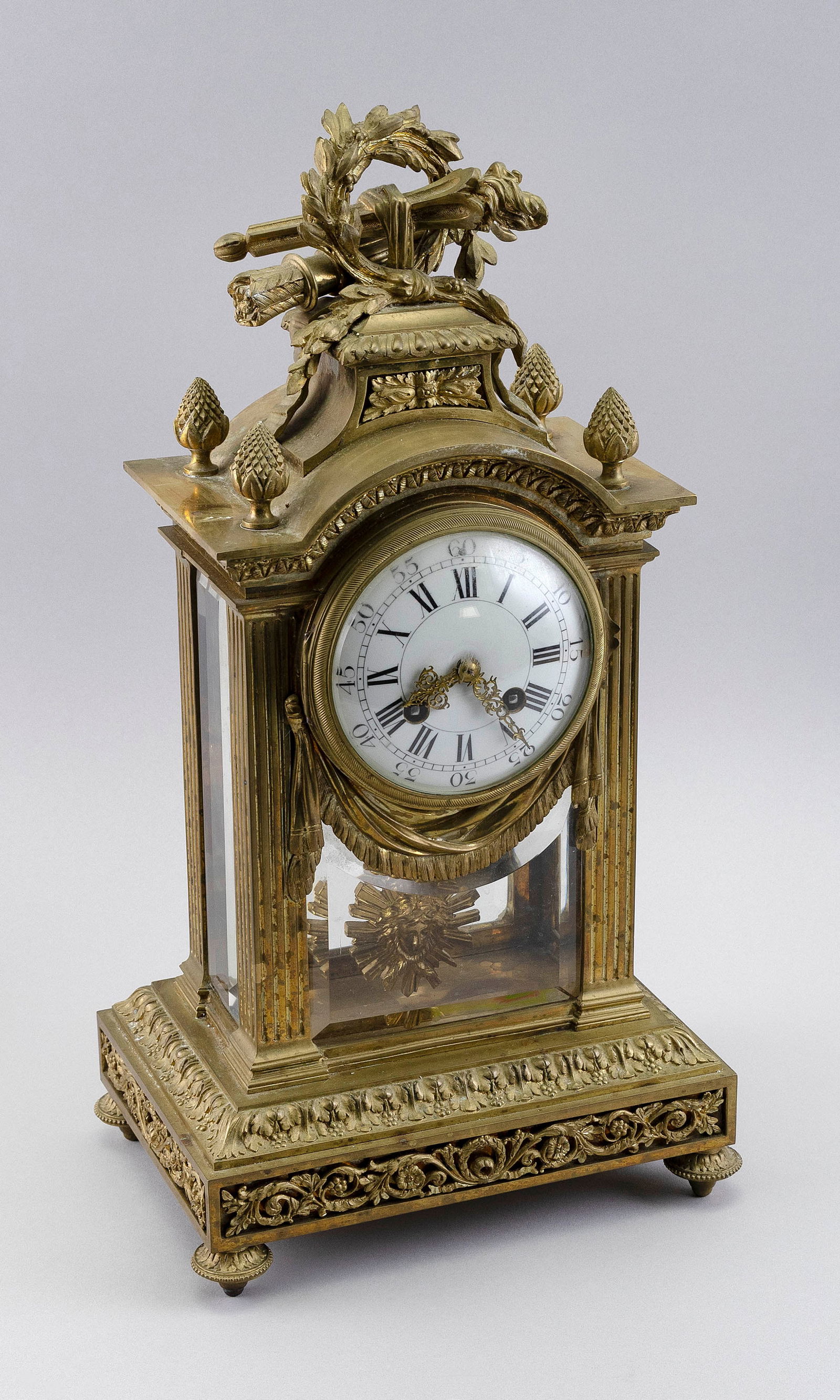 FRENCH EMPIRE GILT BRONZE SHELF CLOCK IN THE STYLE OF FERDINAND BARBEDIENNE 19th Century Height 19". (1 of 3)