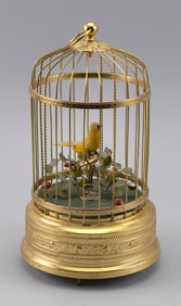 SWISS SINGING BIRD AUTOMATON IN A GILDED CAGE 20th Century Height 12".