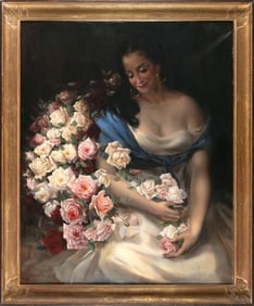 CONTINENTAL SCHOOL (20th Century,), Lady with roses., Oil on canvas, 39" x 31". Framed 44" x 36".