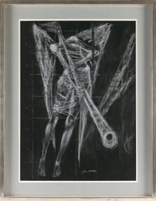 JOHN CAMPBELL HUTTON (England, 1906-1978), Angel and trumpet., Chalk on black paper, 29" x 21".