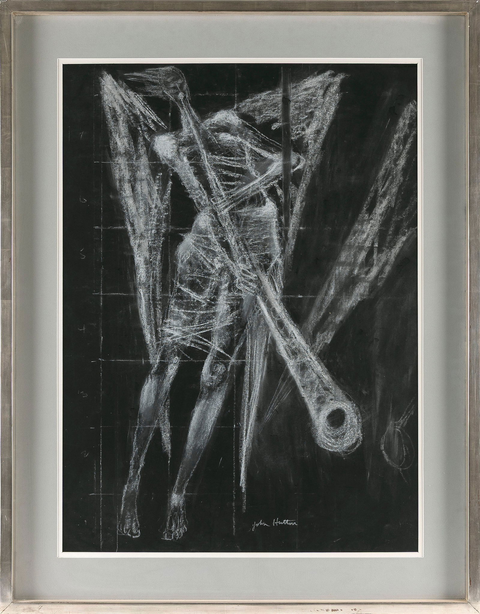 JOHN CAMPBELL HUTTON (England, 1906-1978), Angel and trumpet., Chalk on black paper, 29" x 21".: JOHN CAMPBELL HUTTONEngland, 1906-1978Angel and trumpet. Signed lower right "John Hutton".Chalk on black paper, 29" x 21". Framed 37" x 28.5".