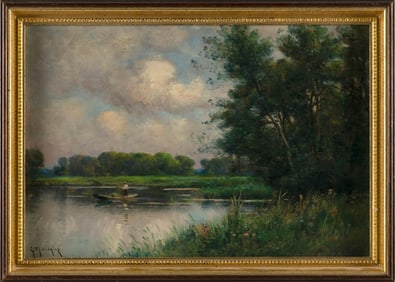 GEORGES PHILIBERT CHARLES MARONIEZ (France, 1866-1933), Boaters on a lake., Oil on board, 10" x 15".