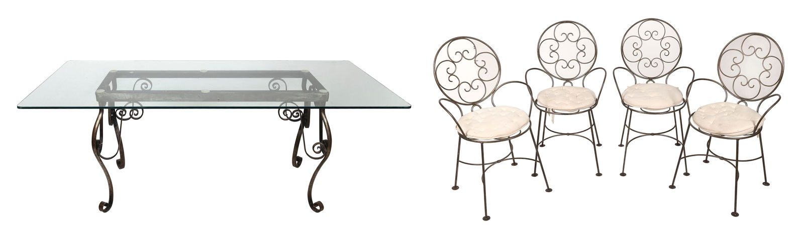 FRENCH WROUGHT IRON FIVE-PIECE DINING SET Early 20th Century Table height 29.5". Length 36". Width (1 of 3)