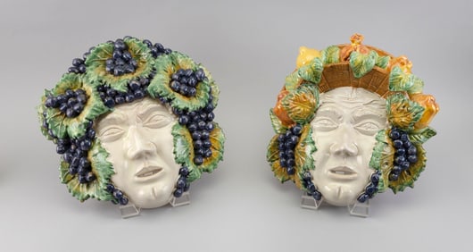PAIR OF MAJOLICA BACCHUS MASK WALL PLAQUES 20th Century Heights 14".