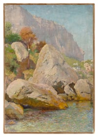 AUGUST ACHTENHAGEN (Germany, 1865-1938), Rocky seashore., Oil on board, 27" x 18.5". Unframed.