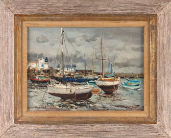 JEAN RIGAUD (France, 1912-1999), "Ile D'Yeu Les Yachts", depicting several boats in a harbor., Oil