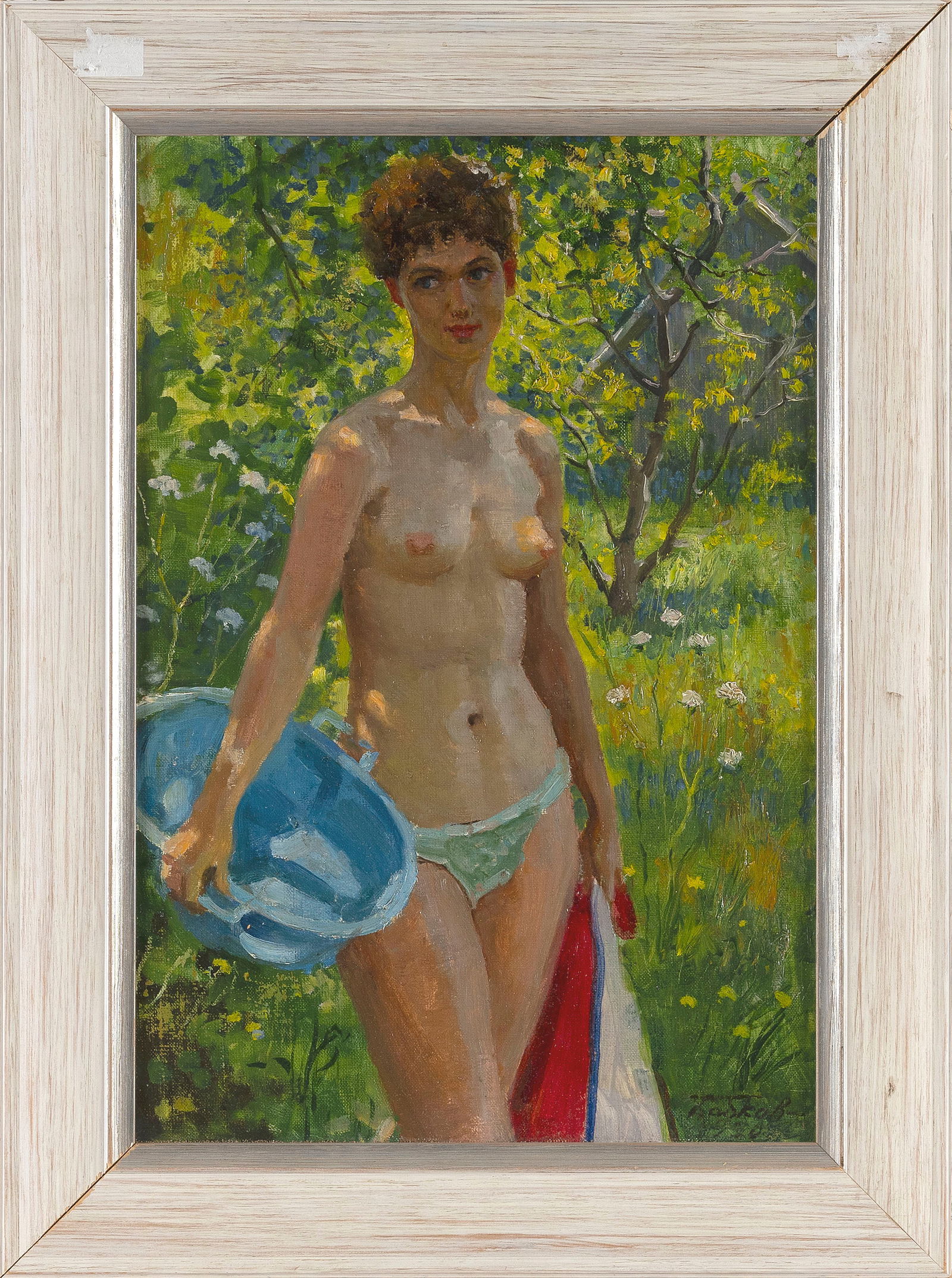 SERGEI BABCOV (Russian Federation, 1920-1993), A partially nude woman in the woods., Oil on board,: SERGEI BABCOVRussian Federation, 1920-1993A partially nude woman in the woods. Signed in Cyrllic lower right.Oil on board, 19.5" x 13.5". Framed 24.5" x 18".
