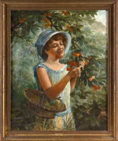 EMILE ARTIGES (New York/New Jersey/Belgium, 1864-1938), "The Cherry Picker"., Oil on canvas, 30" x