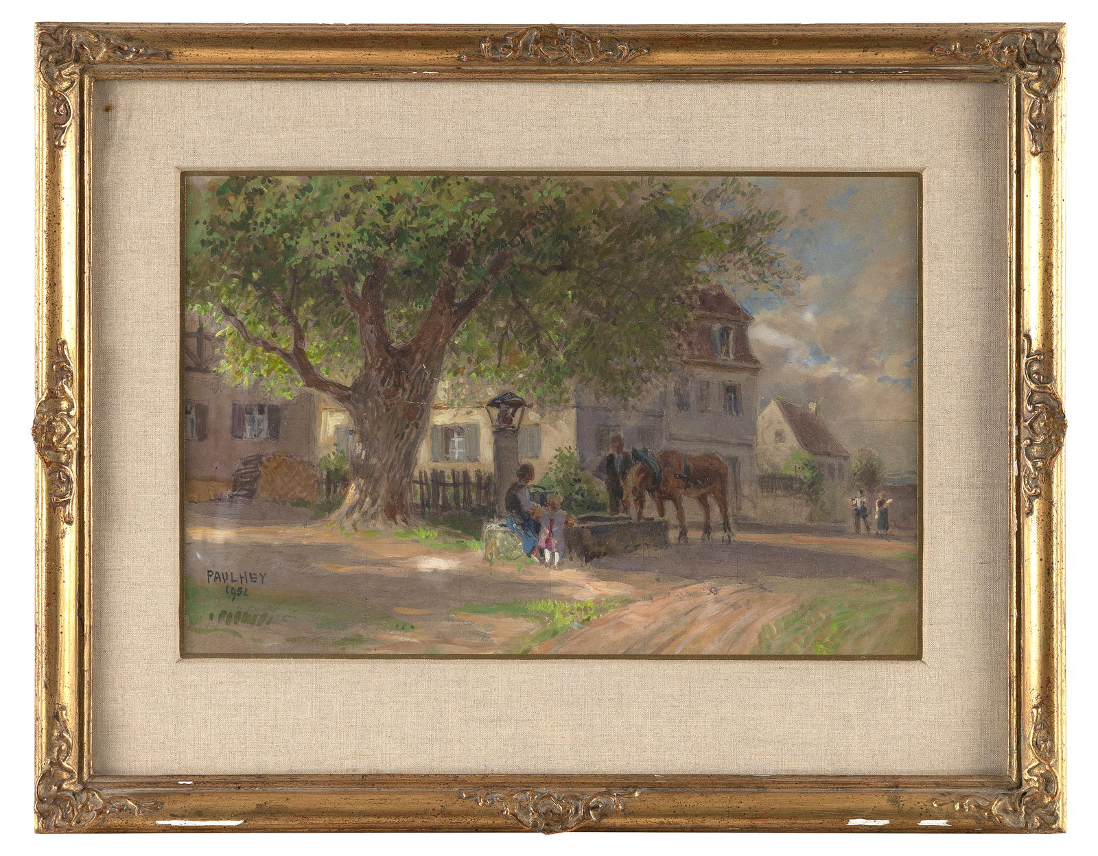 PAUL HEY (Germany, 1867-1952), Man, woman and child waiting as their horse drinks from a trough on a: PAUL HEYGermany, 1867-1952Man, woman and child waiting as their horse drinks from a trough on a village street. Signed and dated lower left "Paul Hey 1952".Watercolor on paper, 8.5" x 13". Framed 14.5