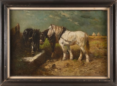 HENRY SCHOUTEN (Belgium/Indonesia, 1859/67-1927), Three horses at a trough., Oil on canvas, 24" x