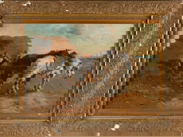 HENRY SCHOUTEN (Belgium/Indonesia, 1859/67-1927), Horse-drawn cart., Oil on canvas, 19.75" x 29.5".