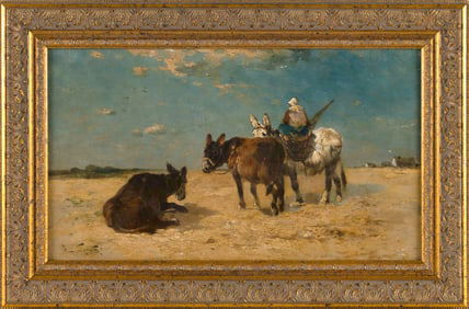 HENRY SCHOUTEN (Belgium/Indonesia, 1859/67-1927), Donkeys on a beach., Oil on panel, 10.5" x 18.25".