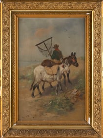 HENRY SCHOUTEN (Belgium/Indonesia, 1859/67-1927), Donkeys and a fisherman along the shore., Oil on