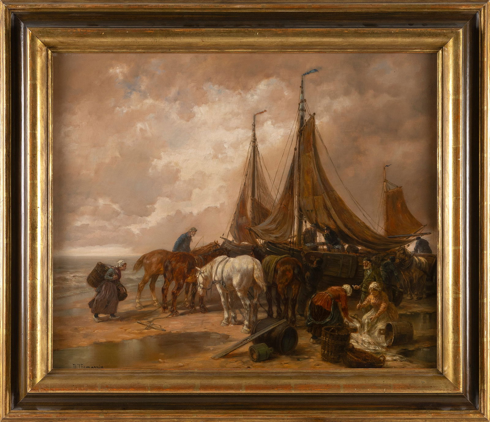 DESIRE THOMASSIN (Austria/Germany/France, 1858-1933), Unloading the catch., Oil on cradled panel, (1 of 2)
