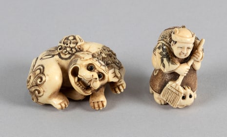 TWO JAPANESE CARVED IVORY NETSUKE BY SHOZAN Late 19th Century