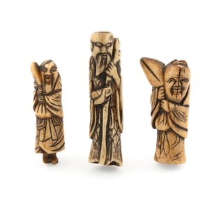 THREE JAPANESE CARVED STAG ANTLER NETSUKE 19th Century Heights from 2.375" to 3".