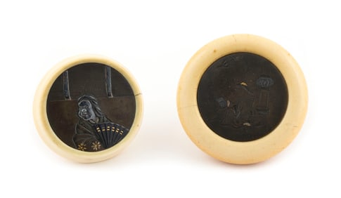 TWO JAPANESE IVORY AND MIXED METAL KAGAMIBUTA NETSUKE 19th Century
