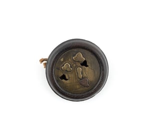 JAPANESE WOOD AND MIXED METAL KAGAMIBUTA NETSUKE 19th Century Diameter 1.75".