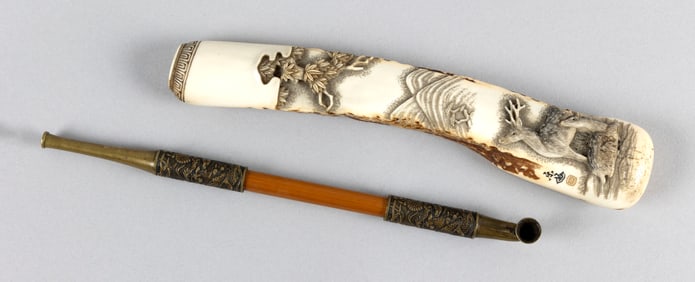 JAPANESE CARVED STAGHORN KISERU WITH PIPE Lengths approx. 7.75".