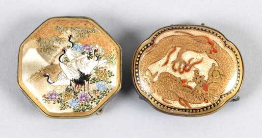 TWO JAPANESE SATSUMA PORCELAIN BELT BUCKLE PARTS Late 19th Century Lengths approx. 2".