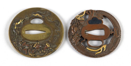 TWO JAPANESE BRONZE AND MIXED METAL MARU GATA TSUBA 19th Century