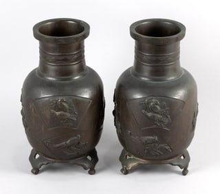 TWO JAPANESE BRONZE VASES Meiji Period (Late 19th Century) Heights 12".