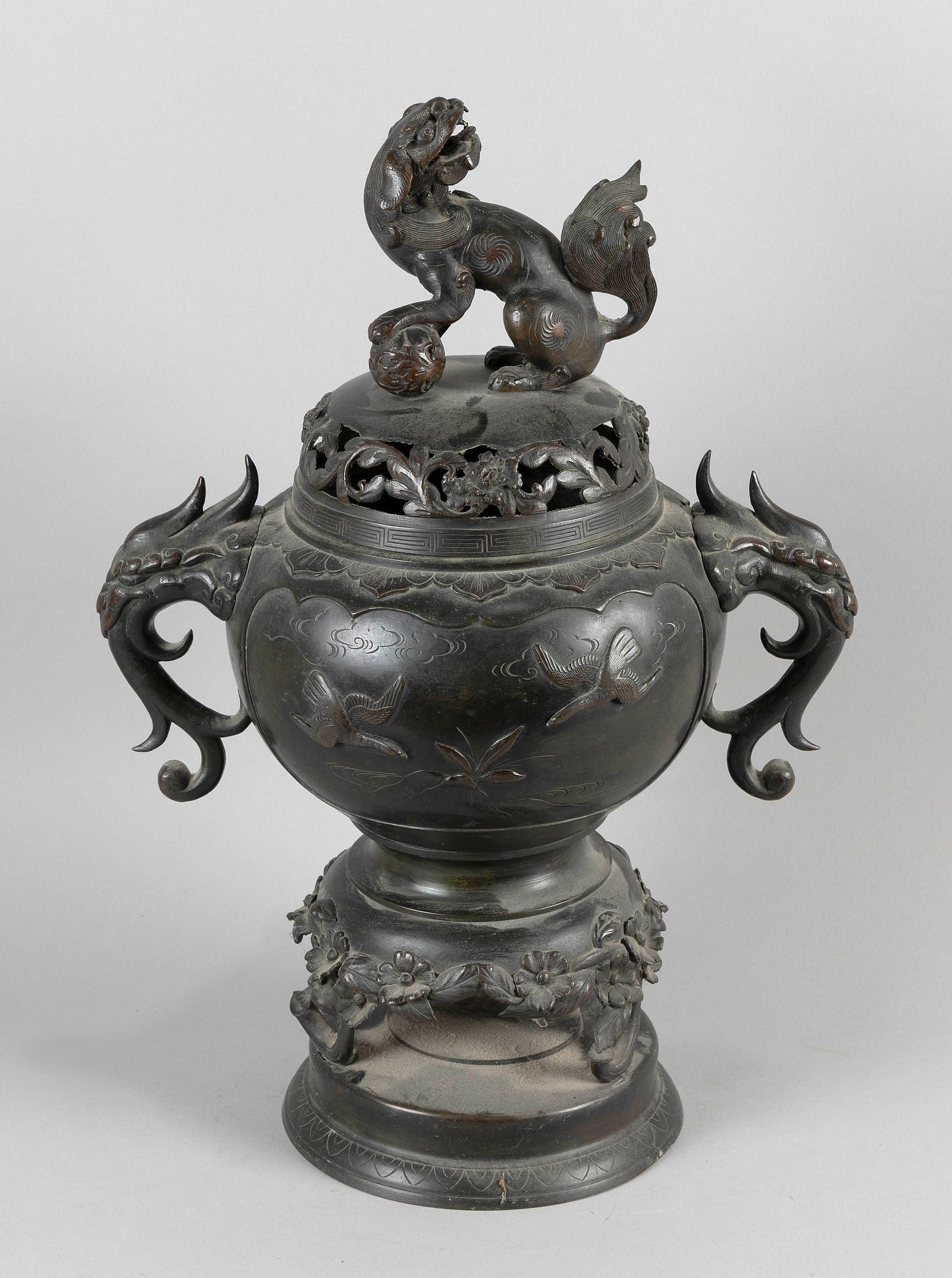 JAPANESE BRONZE COVERED CENSER Meiji Period Height 23". (1 of 3)