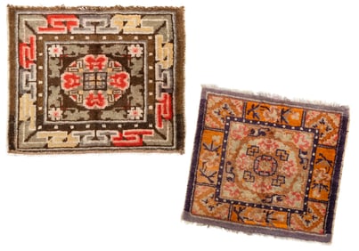 TWO SMALL WESTERN CHINESE OR TIBETAN MATS: 1'7" X 1'11" AND 2'0" X 2'2" First Half of the 20th