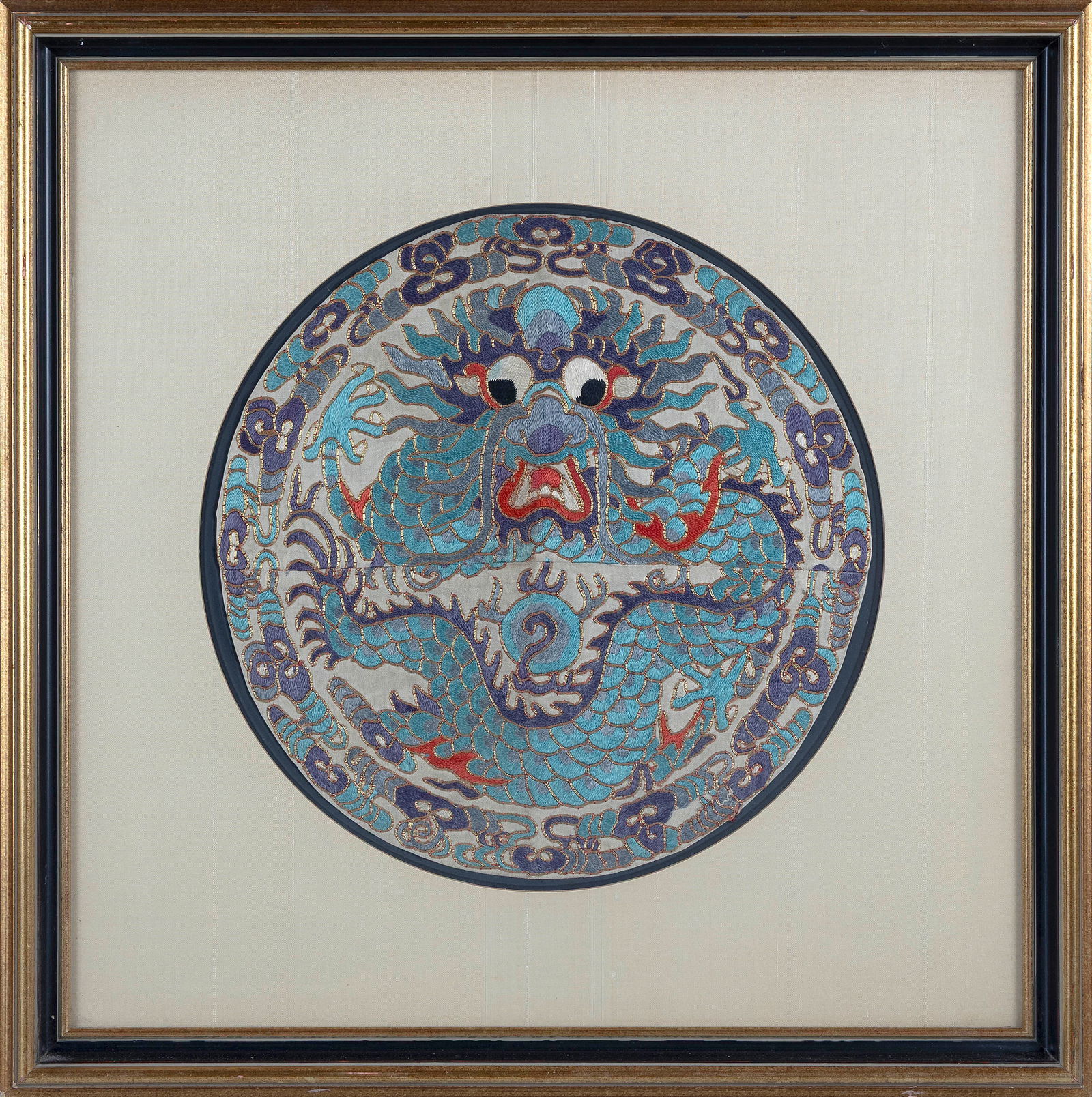 CHINESE NEEDLEWORK DRAGON RONDEL Early 20th Century Diameter 13". Framed 23" x 22". (1 of 1)
