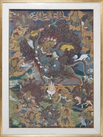TIBETAN THANGKA Early 20th Century On canvas, 34" x 24" sight. Framed 40" x 29.5".