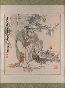 JIANG ZESHENG (China, 1958-), Lohan drinking tea under a prunus tree., On paper, 26" x 24".