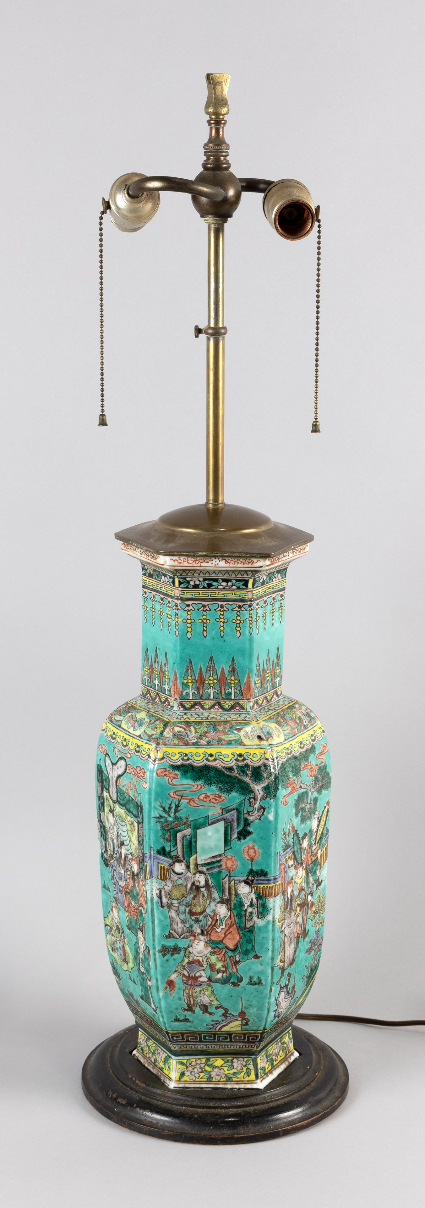 CHINESE FAMILLE ROSE PORCELAIN HEXAGONAL BALUSTER VASE 19th Century Height 17.25". Height to brass (1 of 8)