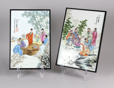 PAIR OF CHINESE FAMILLE ROSE PORCELAIN TILE PAINTINGS Late 19th/Early 20th Century 9" x 14". Framed
