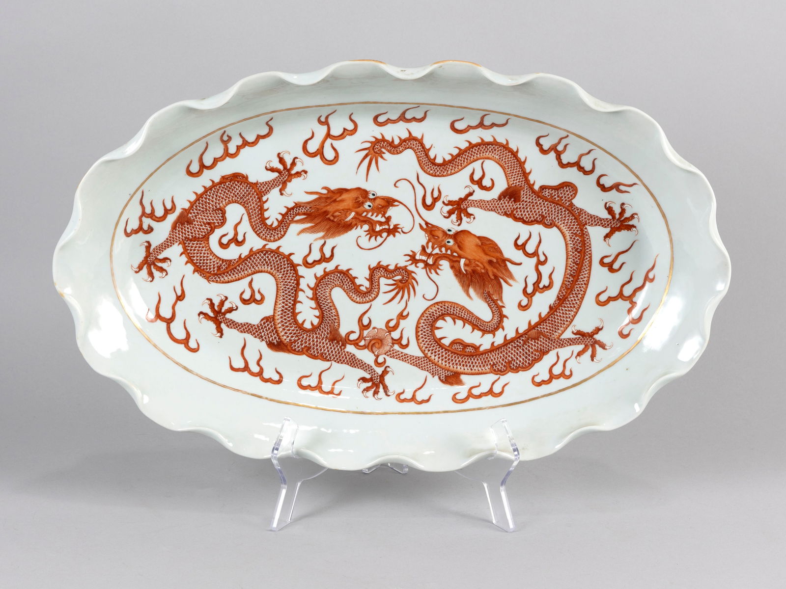 CHINESE IRON RED AND WHITE PORCELAIN PLATTER 19th Century Height 3". Length 20". (1 of 8)