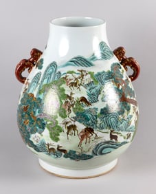 CHINESE FAMILLE ROSE PORCELAIN "HUNDRED DEER" VASE Late 19th Century Height 19".