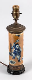 CHINESE BLUE AND WHITE ON BROWN PORCELAIN CYLINDER VASE MOUNTED AS A TABLE LAMP Late 19th Century