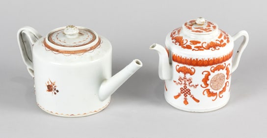 TWO CHINESE/CHINESE EXPORT PORCELAIN TEAPOTS 19th Century Heights 6". Lengths approx. 9".