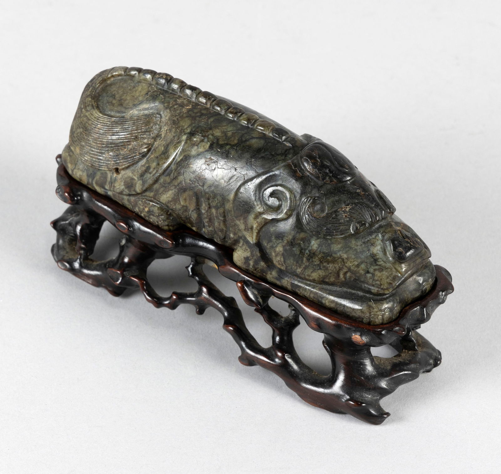 CHINESE ARCHAIC MOTTLED GREEN AND BLACK JADE ANIMAL FIGURE Length 6". With an open-carved wood (1 of 8)