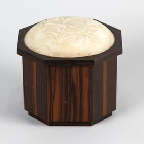 CHINESE FIGURED ELMWOOD BOX WITH JADE MOUNT 19th/20th Century Box height 6". Length 7". Jade length