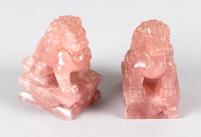 PAIR OF CHINESE CARVED PINK QUARTZ FU DOGS 19th/20th Century Heights 5".