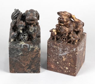 TWO LARGE CHINESE SOAPSTONE SEALS Early 20th Century Heights 6.5". Bases 3" x 3".