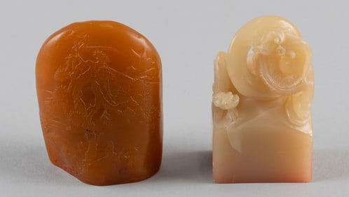 TWO CHINESE HARDSTONE AND JADE SEALS Heights 2.25" and 2.75".