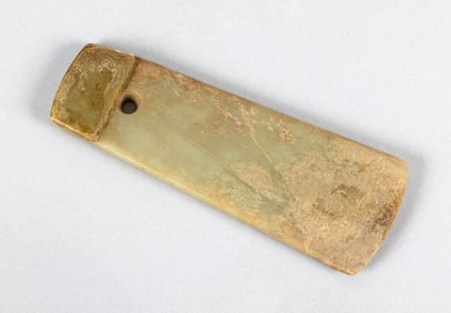 CHINESE ARCHAIC CELADON JADE CEREMONIAL AX BLADE Length 5.25".