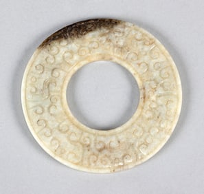 CHINESE ARCHAIC CHICKEN BONE JADE BI Diameter 3.5".